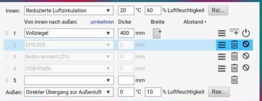 Ubakus-Wandaufbau mit 400 mm Vollziegel ohne PScoat-Schicht im Berechnungsmodell