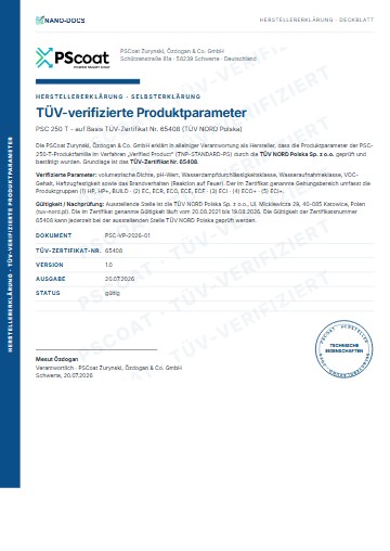 Vorschau: Herstellererklärung – TÜV-verifizierte Produktparameter (TÜV-Zertifikat Nr. 65408)