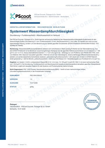 Vorschau: Herstellerinformation – Berechneter Systemwert Wasserdampfdurchlässigkeit
