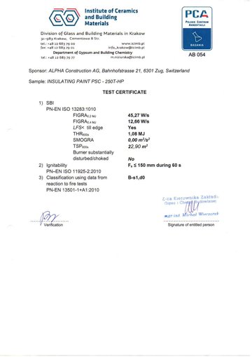 Vorschau: Reaktion-auf-Feuer-Prüfzertifikat PSC-250T-HP (ICiMB)